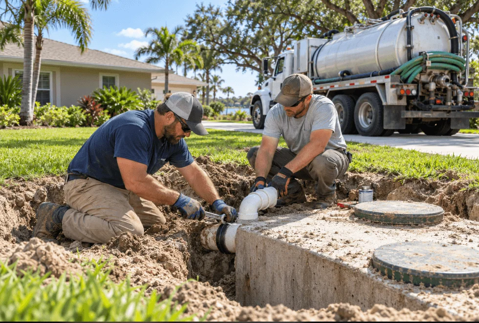 Two septic technicians repairing a tank connection at a residential property, with a service truck nearby